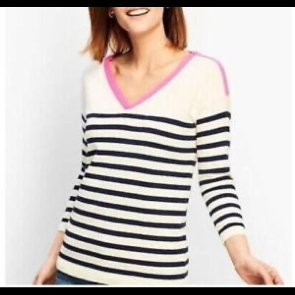 Talbots V-Neck Striped 3/4 Sleeve Sweater Small Petite